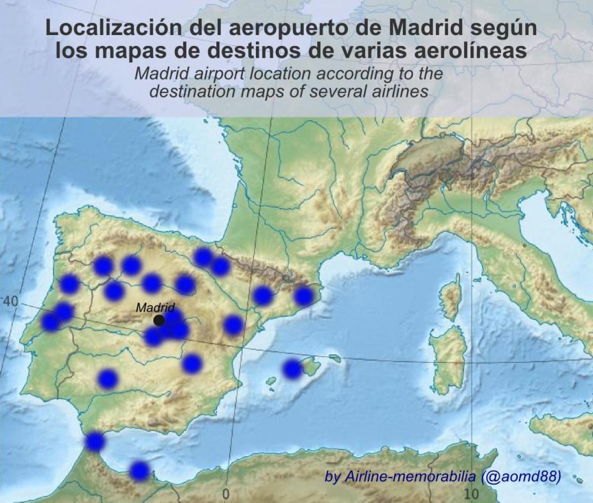 kart av Madrid airport destinasjoner