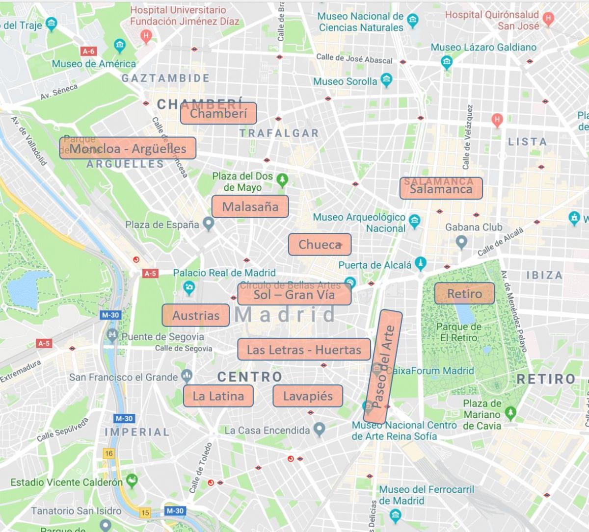 kart over Madrid, Spania nabolag